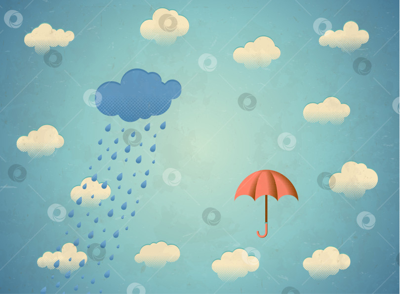 Скачать Состаренная открытка с дождливым облаком и зонтиком фотосток Ozero