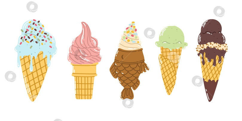 Скачать Выложите различное красочное мороженое в вафельный рожок с посыпкой в плоском векторном стиле, изолированном на белом фоне фотосток Ozero