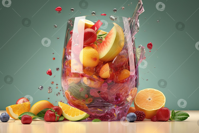 Скачать Стакан сока с фруктами и ягодами на столе. Выпейте немного сладкого органического коктейля. Сгенерированный искусственный интеллект. фотосток Ozero