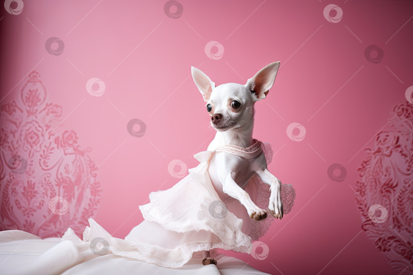 Скачать Маленькая симпатичная собачка чихуахуа в розовой комнате со шнурками. Сгенерированный искусственный интеллект. фотосток Ozero