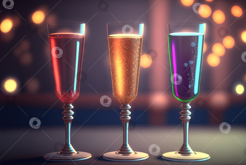 Скачать Клубные коктейли на столе с подсветкой. Разноцветные сочные напитки в бокалах. Сгенерированный искусственный интеллект. фотосток Ozero