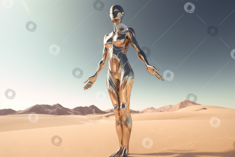 Скачать Женщина-робот Кроум позирует с распростертыми руками. Искусственный интеллект растет и сияет. Механическая красота. Сгенерированный искусственный интеллект. фотосток Ozero