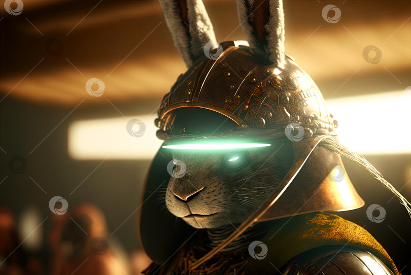 Скачать Кролик-самурай в стиле киберпанк. Воин-заяц в японском стиле с футуристическим неоновым шлемом. Сгенерированный искусственный интеллект. фотосток Ozero