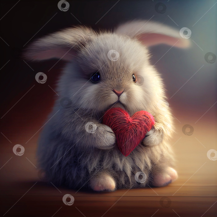 Скачать Милый пушистый кролик обнимает красное сердечко. Поздравление с Днем Святого Валентина от романтичного кролика, держащего сердце. Генеративный искусственный интеллект. фотосток Ozero