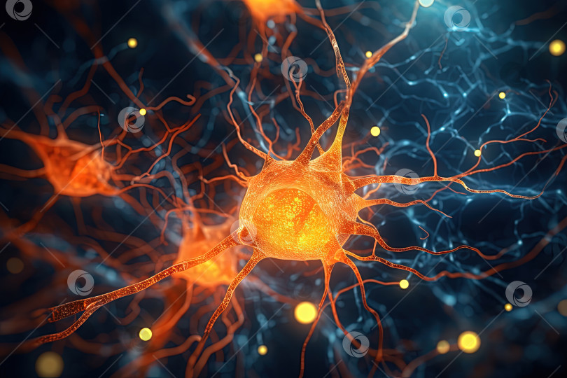 Скачать Абстракция науки и медицины с нейронами, передающими сигнал синапса. Нервная система с импульсом, проходящим через нервную клетку. Сгенерированный искусственный интеллект. фотосток Ozero