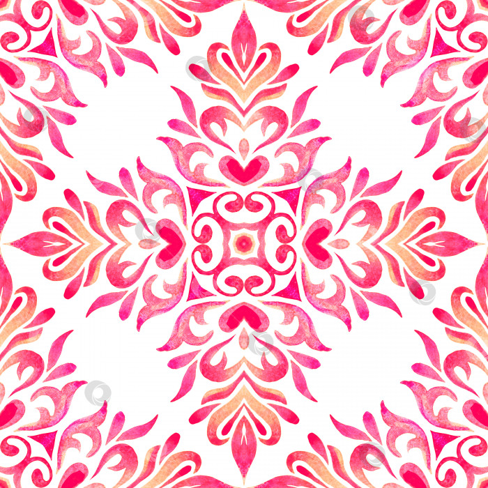 Скачать Медальон из дамасской плитки с акварельным цветочным узором, нарисованным вручную. розово-белая португальская плитка фотосток Ozero