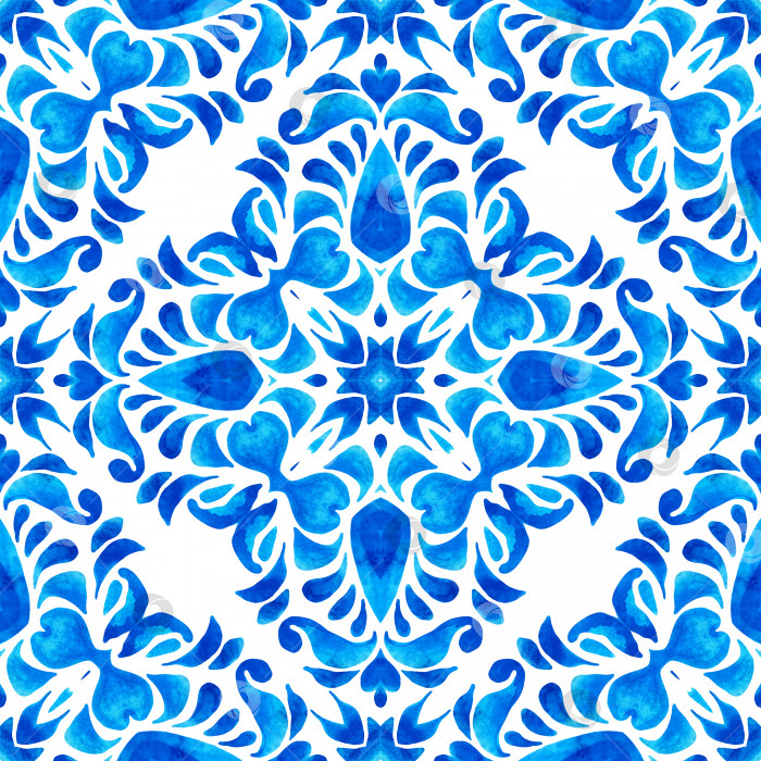 Скачать Акварельно-голубой дамасский цветочный рисунок, нарисованный вручную. Бесшовный узор, плиточный орнамент. фотосток Ozero