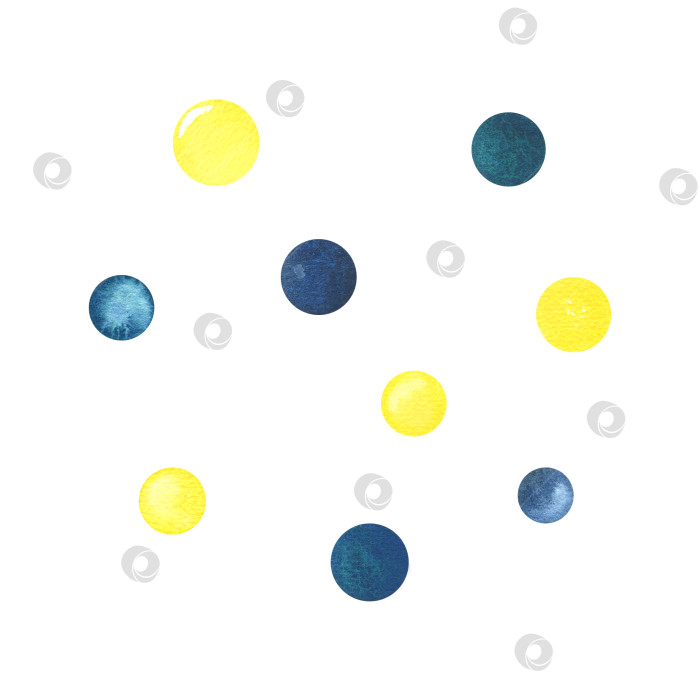 Скачать Яркие бирюзовые, синие и желтые точки. Акварельная иллюстрация, нарисованная от руки в простом детском стиле. Набор изолированных элементов на белом фоне. фотосток Ozero