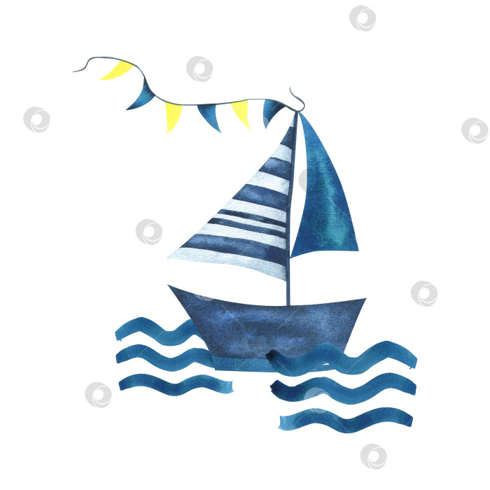 Скачать Парусная лодка, украшенная гирляндой синих и желтых флагов, плывет по волнам. Акварельная иллюстрация, нарисованная от руки в детском стиле. Изолированная композиция на белом фоне. фотосток Ozero