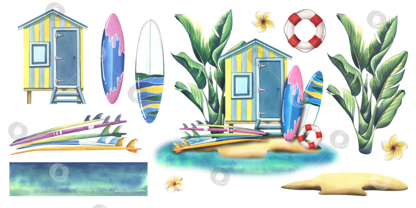 Скачать Пляжный домик с досками для серфинга, спасательным кругом и пальмой на песчаном острове с лазурным морем, океаном. Акварельная иллюстрация, нарисованная от руки. Набор изолированных элементов на белом фоне фотосток Ozero