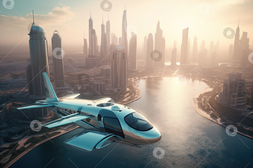 Скачать Экологичные современные и футуристические воздушные такси, летающие в современном городе. Генеративный искусственный интеллект. фотосток Ozero