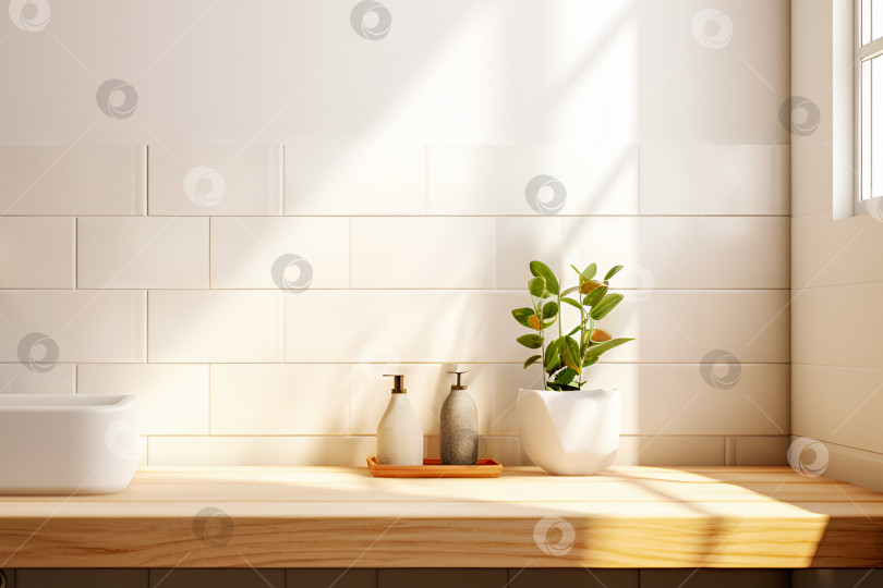 Скачать Современный экологичный интерьер ванной комнаты с банными принадлежностями и растением в горшке фотосток Ozero