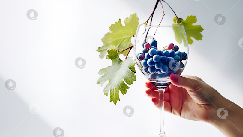 Скачать Женская рука держит бокал с натуральной красной виноградной лозой на белом фоне с пространством для копирования фотосток Ozero
