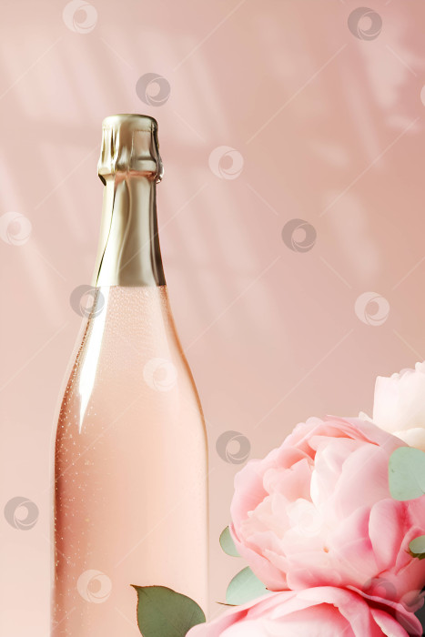 Скачать Бутылка розового вина или шампанского на розовом фоне с цветами фотосток Ozero