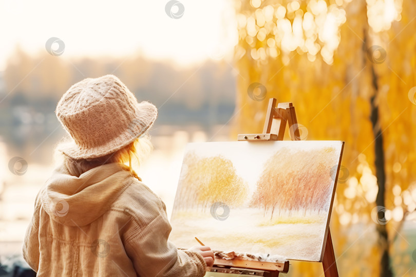 Скачать Осенняя симпатичная малышка рисует в Осеннем парке фотосток Ozero
