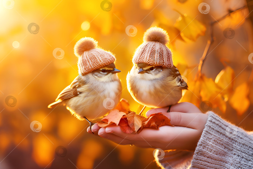 Скачать Две маленькие птички воробьи в вязаных шапочках на женских руках на размытом осеннем фоне фотосток Ozero