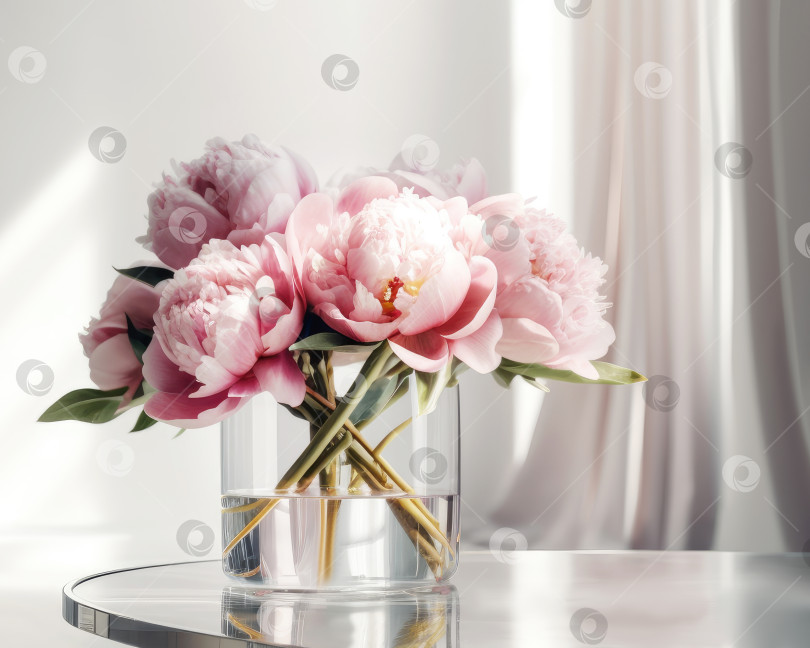 Скачать Розовые пионы в современной стеклянной вазе на пустом стеклянном столике напротив окна фотосток Ozero