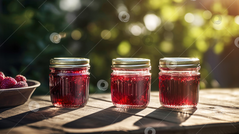 Скачать Малиновое варенье в стеклянных банках на деревянном столе с ягодами на размытом фоне сада фотосток Ozero