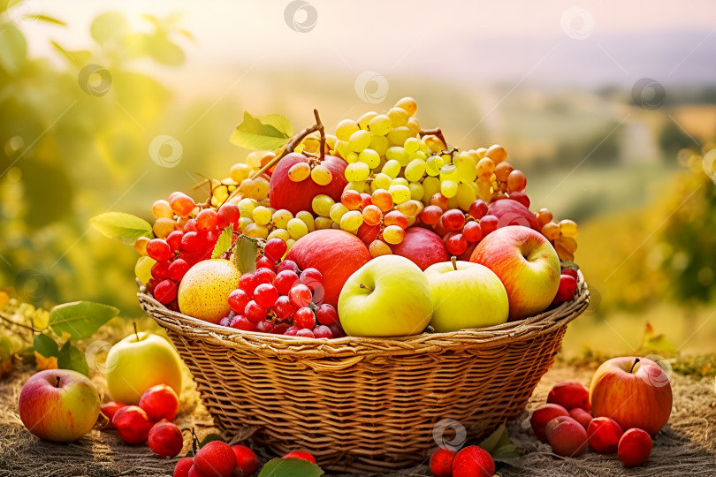 Скачать Фермерские фрукты в корзине на размытом фоне сельского пейзажа фотосток Ozero