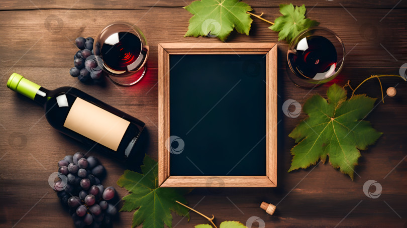 Скачать Бокал натурального красного вина, бутылка красного вина и пустая классная доска на деревянном столе фотосток Ozero