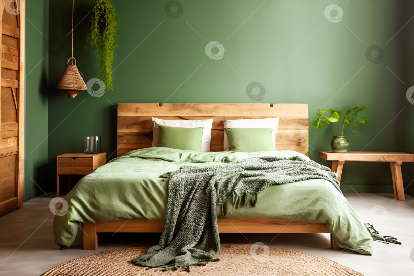 Скачать Экологичная спальня в натуральных тонах с деревянной мебелью, стильными аксессуарами для интерьера фотосток Ozero