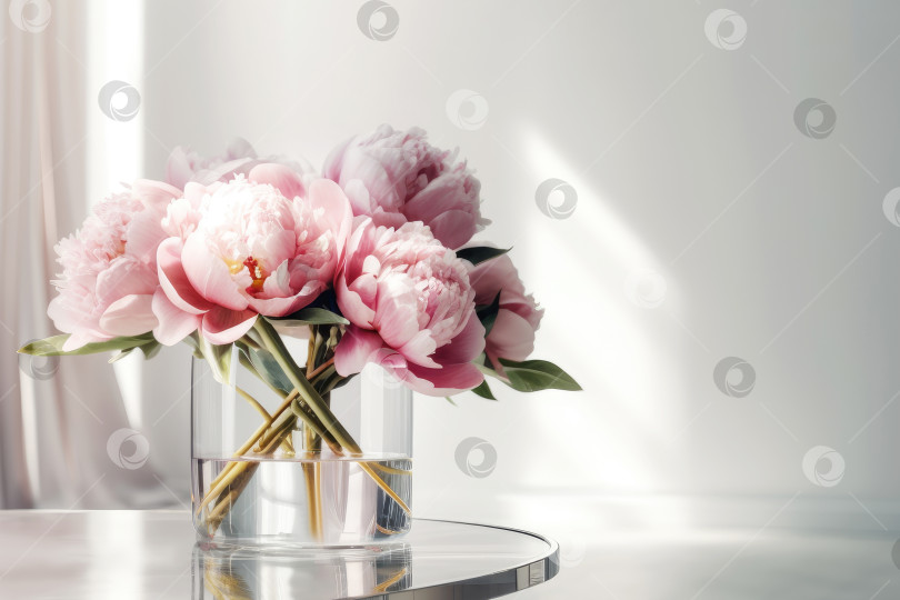 Скачать Розовые пионы в современной стеклянной вазе на пустом стеклянном столике напротив белого интерьера с копировальным пространством фотосток Ozero