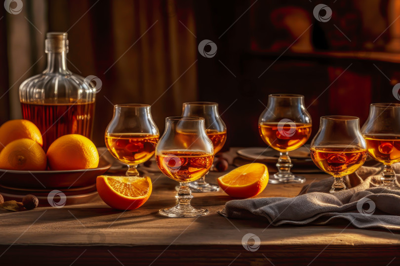 Скачать Коньяк в бокалах с апельсинами на размытом фоне интерьера фотосток Ozero