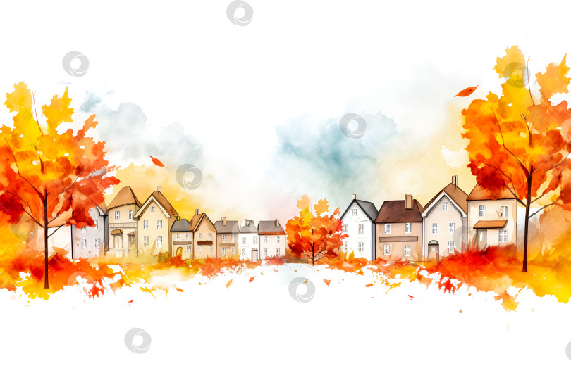 Скачать Осенняя открытка с акварельным рисунком пейзажа на белом фоне с пространством для копирования фотосток Ozero