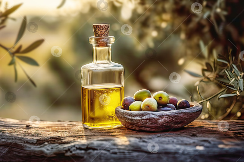 Скачать Стеклянная бутылка с натуральным оливковым маслом и зелеными оливками на деревянной доске фотосток Ozero