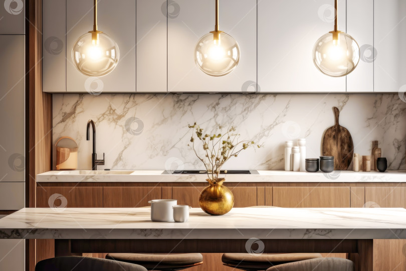 Скачать Кухонный мраморный пустой стол на фоне современного кухонного интерьера фотосток Ozero