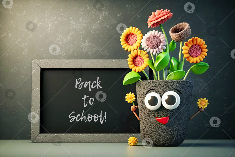 Скачать Иллюстрация талисмана - улыбающийся горшок с цветами и классная доска с надписью мелом "Назад в школу". фотосток Ozero