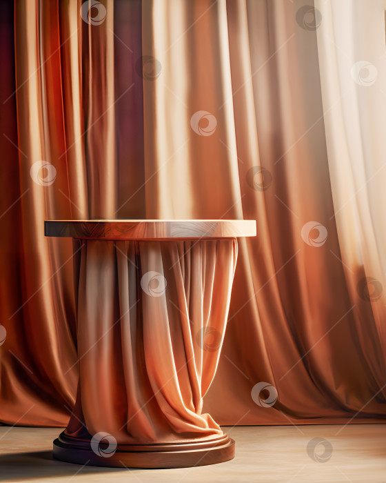 Скачать Круглый деревянный стол для презентации на красиво задрапированном коричневом текстильном фоне фотосток Ozero