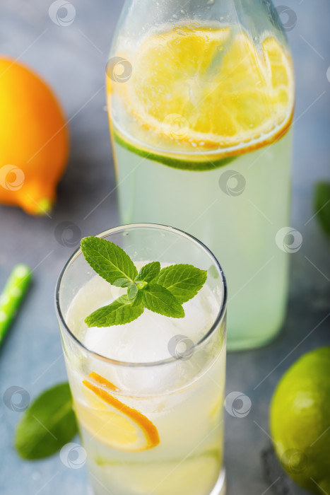 Скачать Тоник с лимоном, лаймом и мятой в прозрачном бокале фотосток Ozero