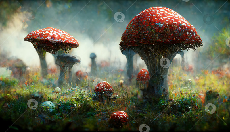 Скачать Мухоморы, красные ядовитые псилоцибиновые грибы в лесу. Фантастическая гиперреалистичная иллюстрация крупным планом фотосток Ozero