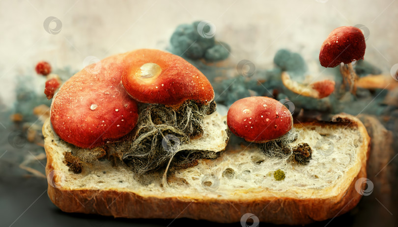 Скачать Крупный план гнилой пищи, плесени, грибка на испорченном хлебе. реалистичная 3d-иллюстрация, генерация искусственного интеллекта, нейронная сеть фотосток Ozero
