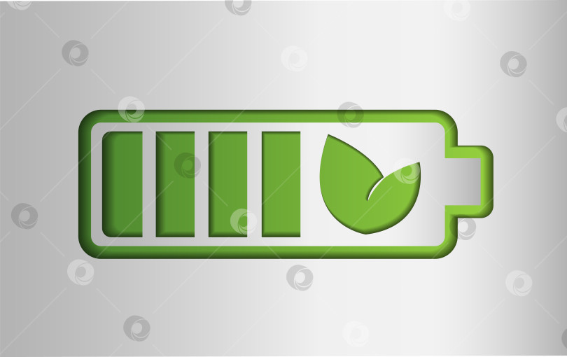 Скачать Аккумулятор, перезаряжаемый, логотип с зеленым листом, символ чистой зеленой энергии, зарядное устройство, векторная иллюстрация на серебряном фоне в стиле вырезки из бумаги фотосток Ozero