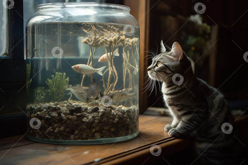 Скачать Милый кот наблюдает за рыбой. Забавный котенок, обнюхивающий рыбу. Сгенерированный искусственный интеллект. фотосток Ozero