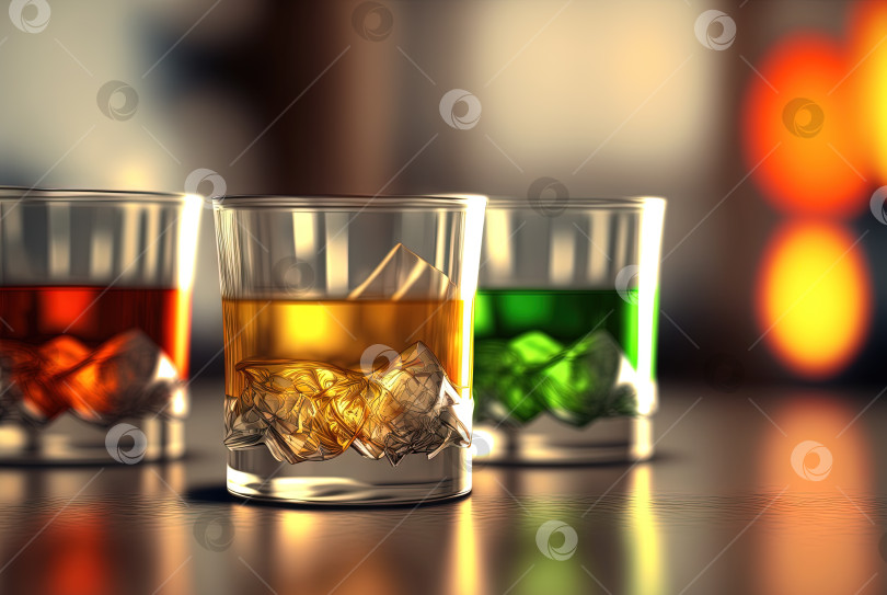 Скачать Клубные коктейли на столе с подсветкой. Разноцветные сочные напитки в бокалах. Сгенерированный искусственный интеллект. фотосток Ozero