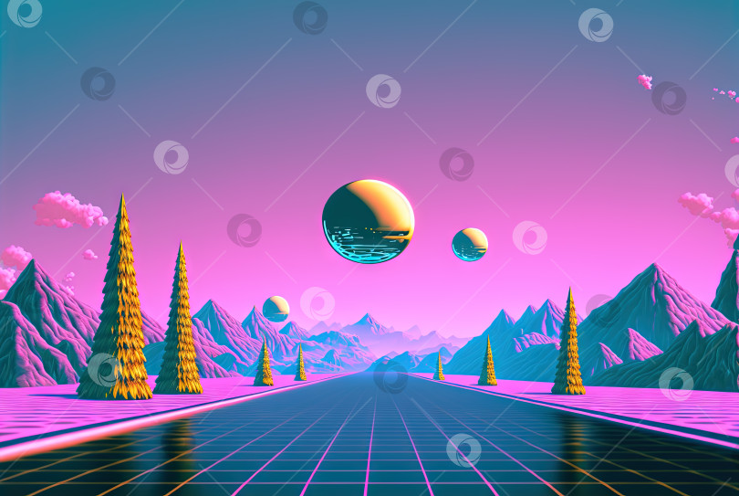 Скачать Абстрактная сцена паровой волны с золотым шаром на фоне горного пейзажа. сюрреалистическая композиция в стиле 80-х годов в розовых и голубых тонах. Сгенерированный искусственный интеллект. фотосток Ozero