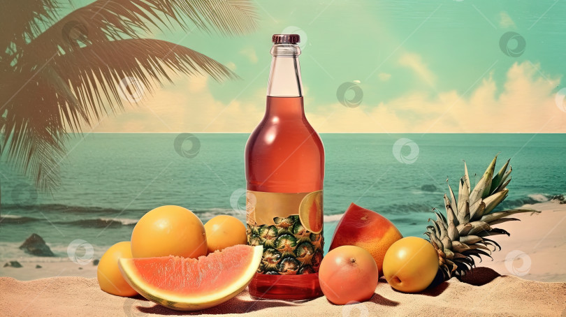 Скачать Поставьте бутылку с фруктовой водой или алкоголем на песок пляжа. Сцена отдыха с бутылкой лимонада на берегу. Генеративный искусственный интеллект. фотосток Ozero