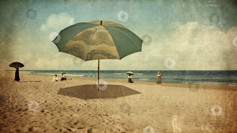 Скачать Зонтик на горячем песке пляжа. Шероховатая открытка со сценой отдыха с зонтиком на береговой линии. Генеративный искусственный интеллект. фотосток Ozero