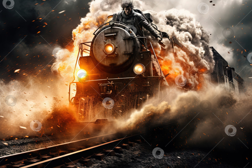 Скачать Экшн-кадр с человеком, спрыгивающим с поезда. Динамичная сцена со взрывом железнодорожного вагона в стиле боевика-блокбастера. Сгенерированный искусственный интеллект. фотосток Ozero