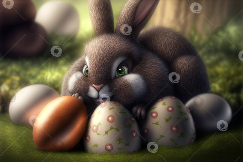 Скачать Пасхальный кролик с разноцветными праздничными яйцами. Милый пушистый кролик празднует весенний праздник. Сгенерированный искусственный интеллект. фотосток Ozero