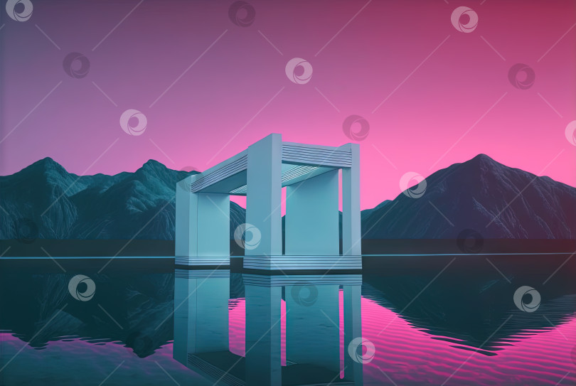 Скачать Волновой пейзаж с абстрактным зданием с колоннами. минималистичная архитектурная сцена в стиле розовых и голубых тонов 80-х годов. Сгенерированный искусственный интеллект. фотосток Ozero