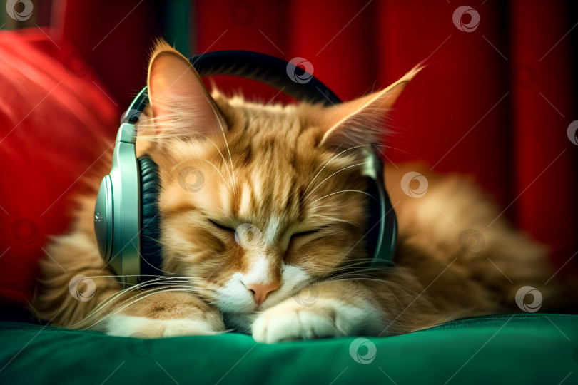 Пушистый милый ухоженный кот с наушниками на голове спит и слышит музыку -  Ozero - российский фотосток