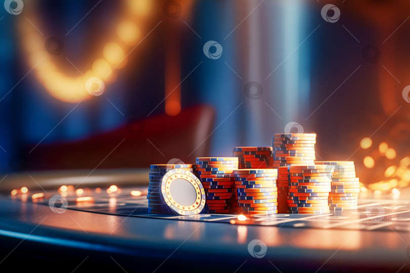 Скачать Стопка покерных фишек на игровом столе казино с молнией на размытом фоне казино с пространством для копирования фотосток Ozero