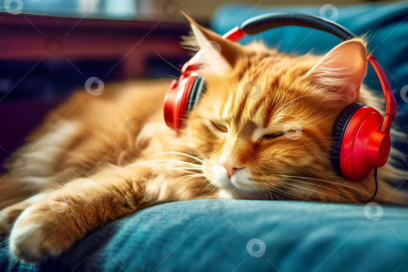 Скачать Кот с большими красными наушниками на голове спит и слушает музыку на синем бархатном диване фотосток Ozero