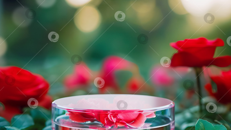 Скачать Круглая стеклянная платформа на размытом фоне сада с цветущими красными розами фотосток Ozero