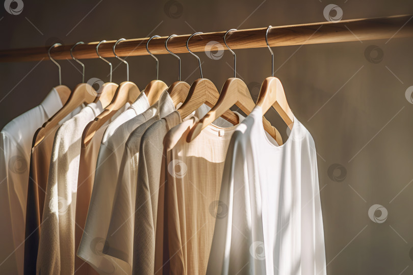 Скачать Одежда из натурального хлопка и льна на деревянной вешалке в магазине экологически чистых товаров фотосток Ozero