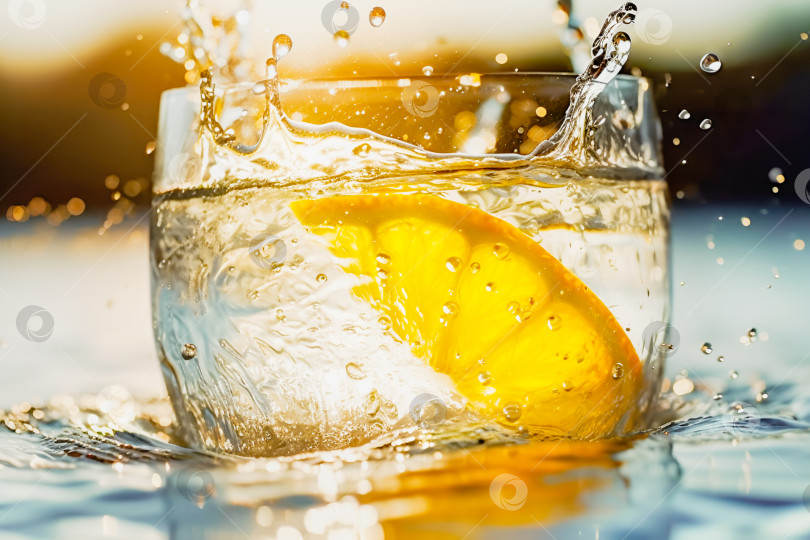 Скачать Стакан воды с ломтиком лимона и брызгами на размытом фоне пейзажа фотосток Ozero